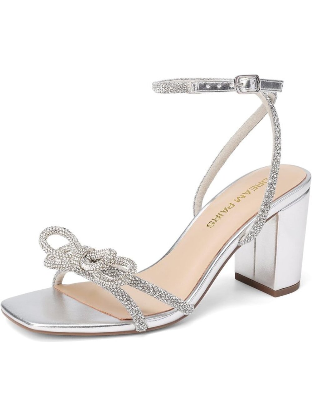 Women's Silver Bow Knot Chunky Block Square Toe Slingback Heels Sandals